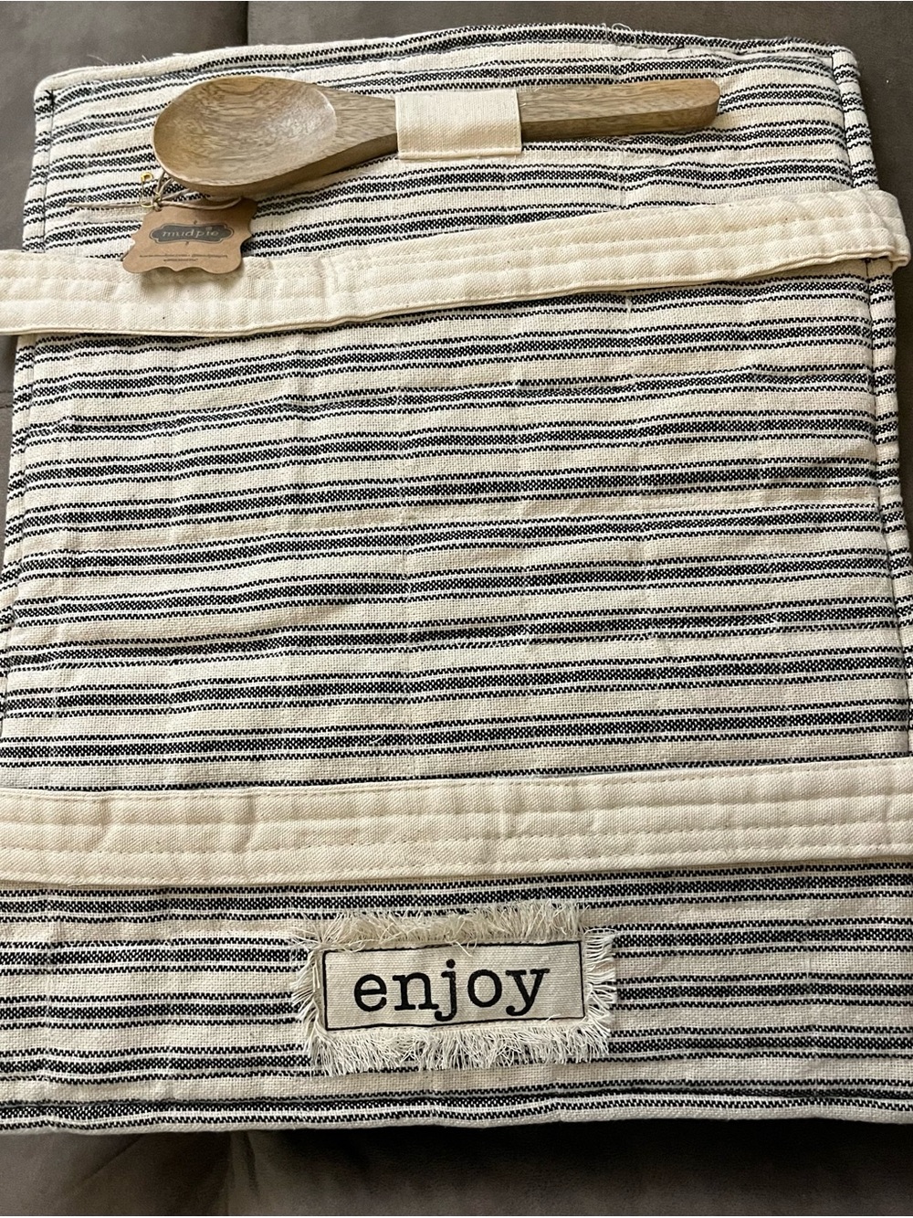 Mud Pie Striped Cotton Enjoy Casserole Dish Holder in Cream and Black NWT
